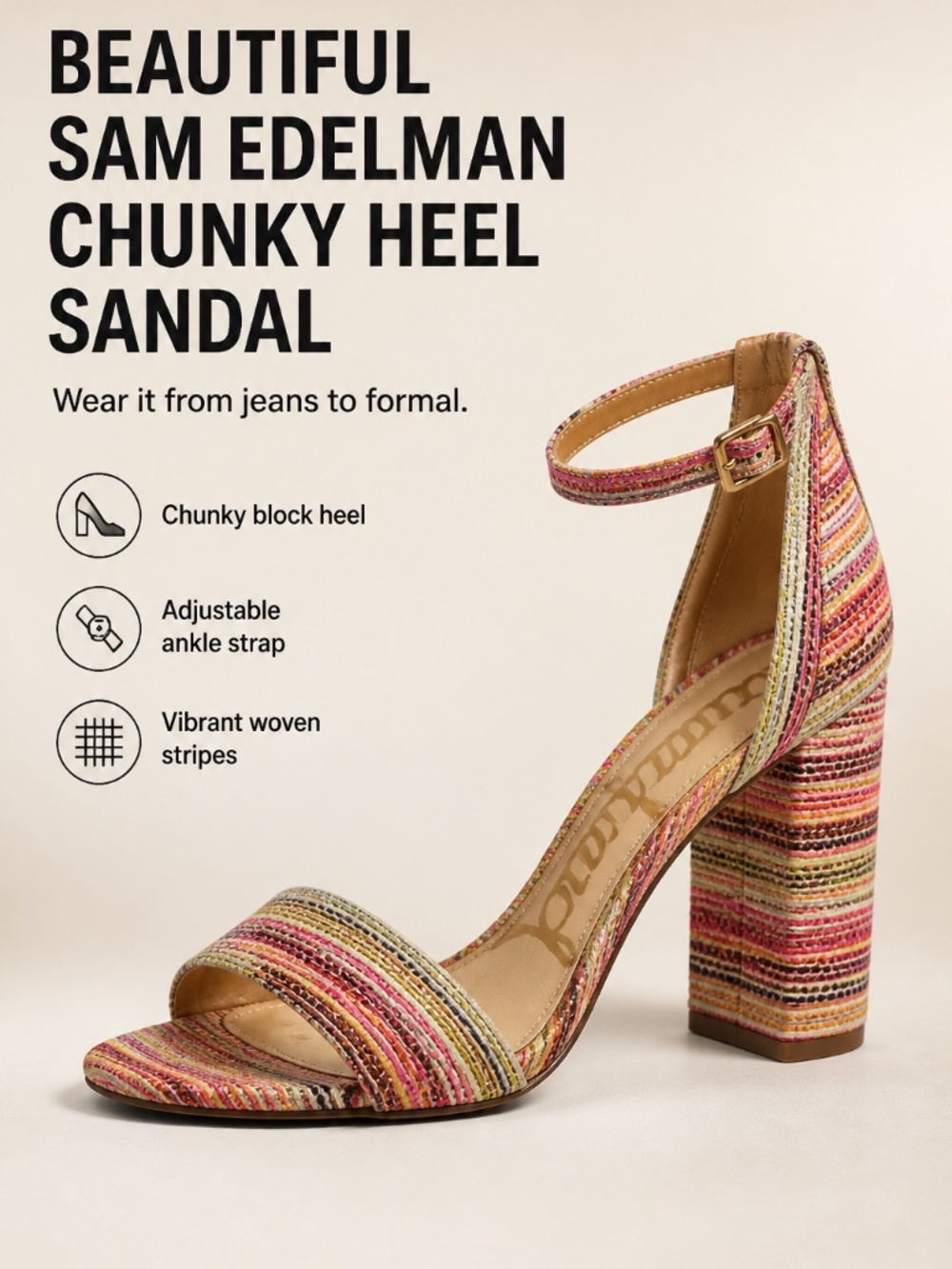 Sam Edelman Yaro Pink Multicolor Stripe Block Heel Sandals Size 6